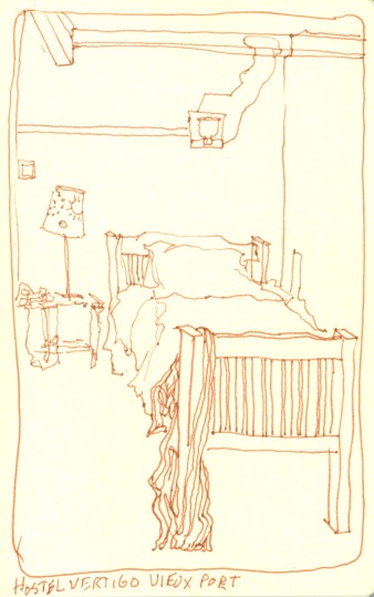 My bed at Hostel Vertigo, Staff Apartment, Marseille, France 2014 - ink sketchbook drawing
