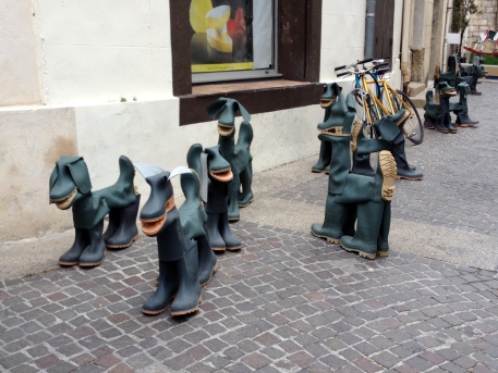 Market day rubber boot dogs, L'Isle sur la Sorgue, France 2014